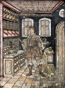 彼のオフィスでアンティークコスチュームの薬剤師;蝶の羽で覆われたゼラチンの絵